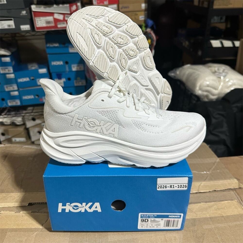 HOKA Clifton 10 'White/White' Casual Sneakers 1162030-WWH | Mens 9 D | EUC